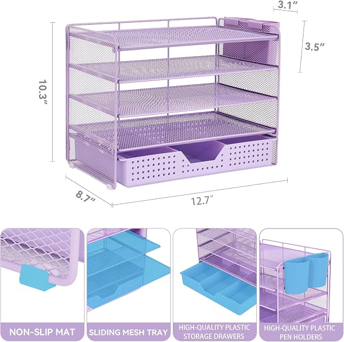 LEKETREE Desk Organizers and Accessories, 5-Tier Paper Letter Tray Organizer with Drawer & 2 Pen Holders, Desktop Organizer for Office Supplies (Purple)