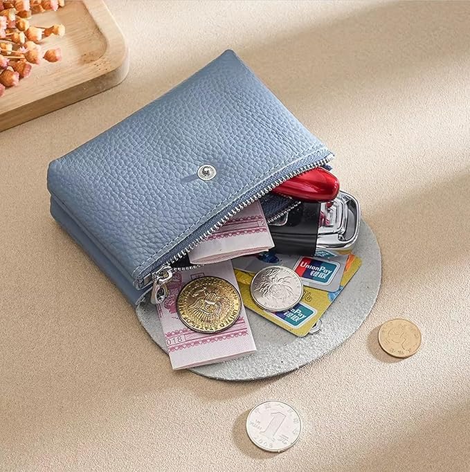 Genuine Real Leather Coin Purse Small Wallet for Women Men, Card Holder Case, Jewery Lipstick Organizer (Sky Blue)