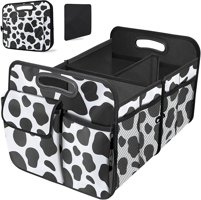 Trunk Organizer for Car, 72L Collapsible Waterproof Car Organizers and Storage, Car Accessories for Women and Men, Multi-Compartment Storage Organizer for SUV, Cow Print