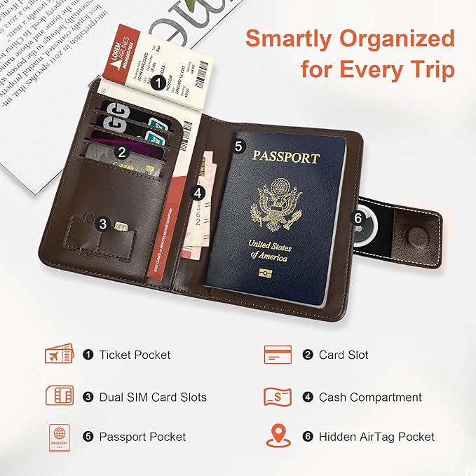 Premium Full-Grain Leather Passport Holder with Hidden AirTag Slot - RFID Blocking Travel Wallet for Men & Women, Luxury Organizer (Coffee Brown)
