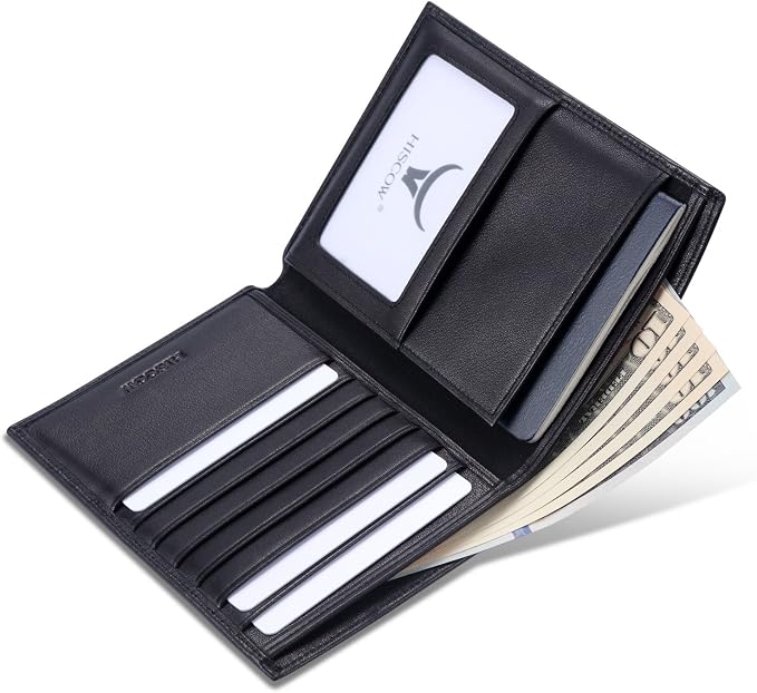 HISCOW Leather Passport Holder for Travel, Bifold Wallet, Black | Full grain cowhide, RFID blocking, 7 card slots, cash compartment, frosted ID window, travel essentials, premium gift box