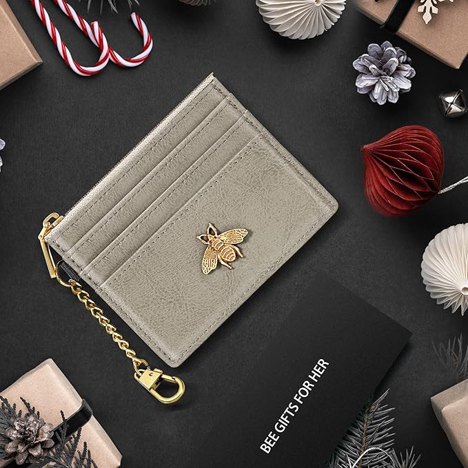 SEAVILIA Card Holder Keychain Wallet for Women with ID Window RFID Coin Purse Bee Gifts Slim Minimalist Small Wallet