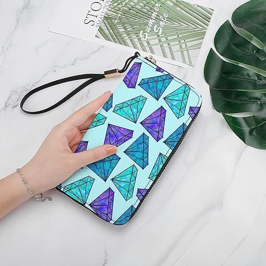 Unisex Zip Around Wallet for Adults Teens Cartoon Diamonds Background Blue Coin Pouch Cash Pocket PU Leather Wallets Card Holder Organizer Designer Purse with Wristlet Strap