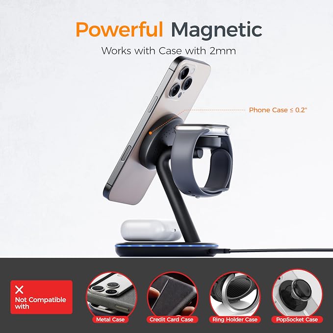 TESSAN 3 in 1 Charging Station Compatible with MagSafe, Magnetic Wireless Charger Stand for iPhone 17/16/15/14/13 Series, Charging Dock for Apple Watch & AirPods, Includes Cable and 20W Adapter