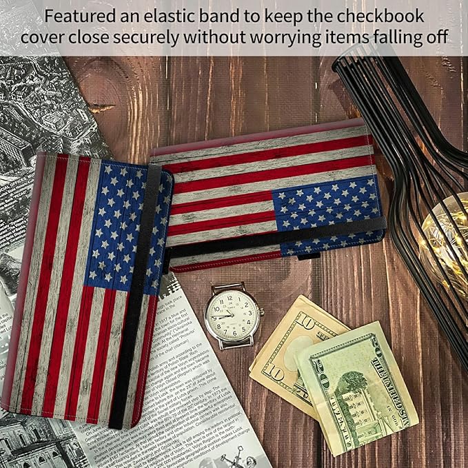 FUYOCWE Leather Checkbook Covers for Men Women Check book Holder Cover Wallets for Personal Checkbook Duplicate Checks with RFID Blocking & Elastic Strap-Retro American Flag