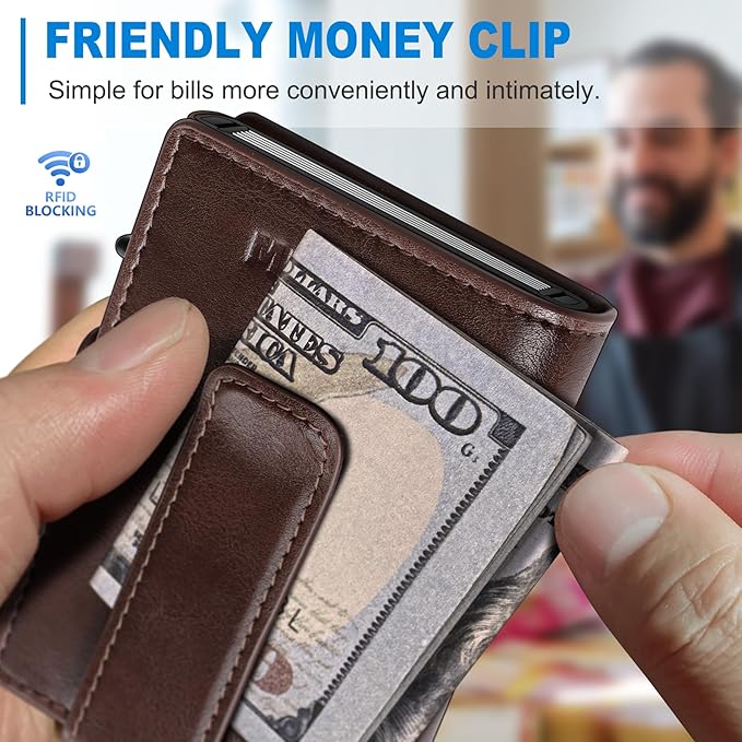 miyozi Wallet for Men with Money Clip Coins Pocket ID Window Gift Boxed,Slim Smart Front Pocket RFID Blocking Wallet Pop-up Card Holder in Magnetic Leather Flip 3.9"x 2.7"