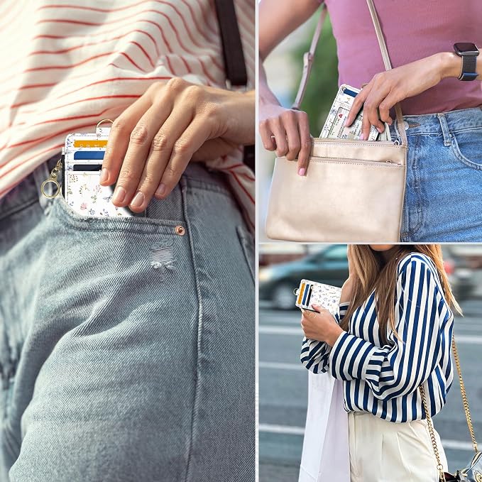 Slim Wallet Credit Card Holder, White And Purple Floral Print, RFID Wallet Women Cute Small Front Pocket Wallet With Zipper, PU Leather Thin travel RFID Blocking Card Case ID Window ,Ladies Gifts