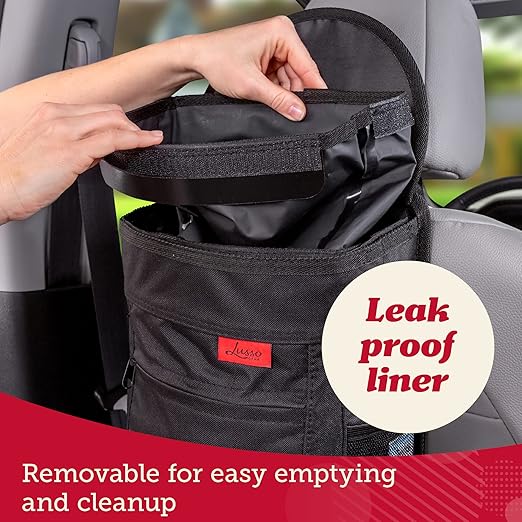 Lusso Gear Spill-Proof Car Trash Can - Leak-Proof Lid & Removable Liner for Car Bin - Travel Organizer with Mesh Pockets - 2.5 Gal, Black w Red Stitching