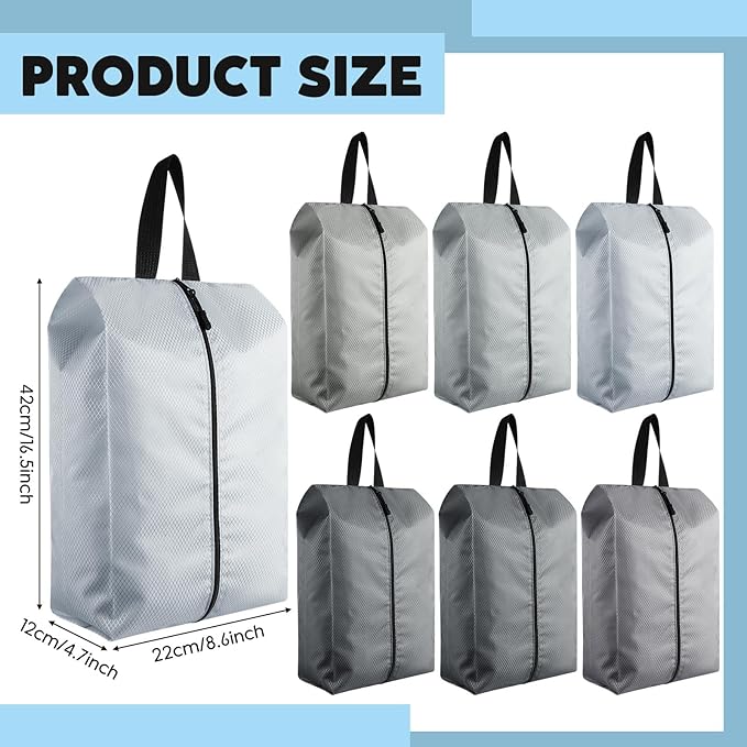 6 Pcs Travel Shoe Bags with Zipper Nylon Portable Waterproof Suitcase Shoe Organizer Packing for Golf(L,Gray)