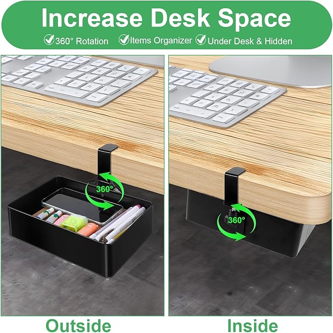 Under Desk Metal Drawer, Under Desk Drawer Organizer, 360° Swivel Hidden Under Desk Storage Drawers Slide out, No Drill Desk Pencil Drawer Organizer Tray for Home Office Storage