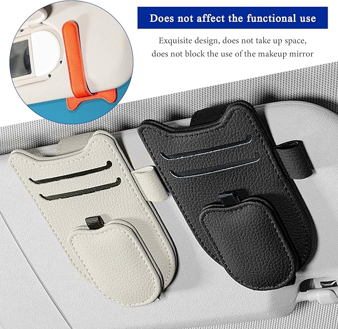 Sunglasses Holder for Car Visor, Magnetic Auto Sun Visor Organizer with Ticket & Pen Clip, Multi-Pocket Leather Eyeglass Clip Interior Accessories for Most Vehicles (Black)
