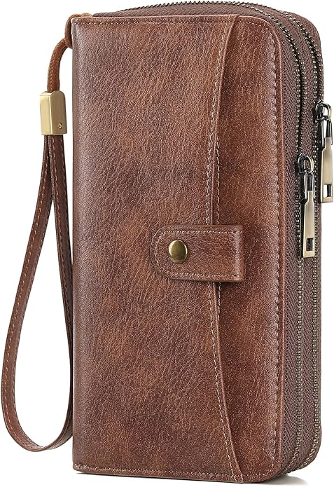 GAEKEAO Womens Wallet Large Capacity Double Zipper Ladies Card Phone Holder RFID Blocking Leather Clutch Wristlet Grip Strap