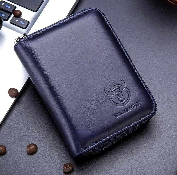 BULLCAPTAIN Genuine Leather Men Wallet Card Holder Cards Zipper Credit Card Pack Case Purse (blue)