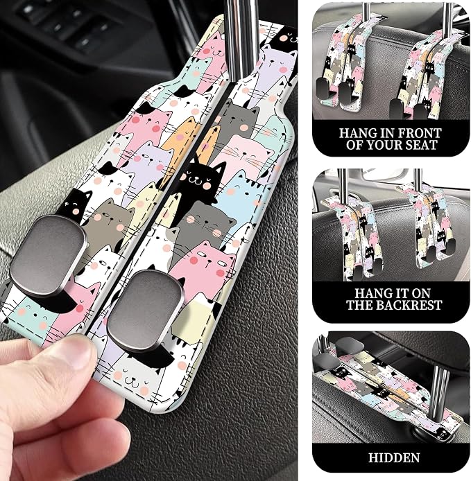 PU Leather Car Seat Hook, Storage Headrest Hanger, Cute Car Backseat Organizer, Car Hooks for Purses and Bags Multicolor Cat