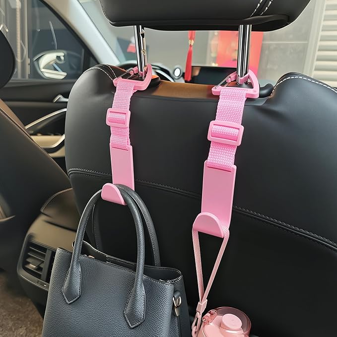 Amooca Headrest Hooks for Car Adjustable 4 Pack Vehicle Seat Back Organizer Storage Hanger Holder for Purse Bags Universal Fit with Clip Pink