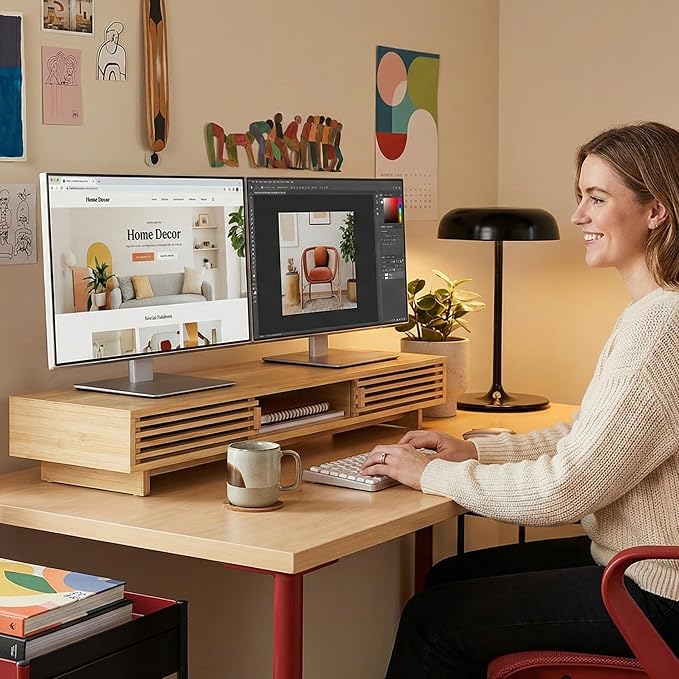 Dual Monitor Stand Riser with Sliding Door, Double Computer Laptop Stand Desk Shelf Organizer with Storage for 2 Monitors (Natural Bamboo, 38 Inch)