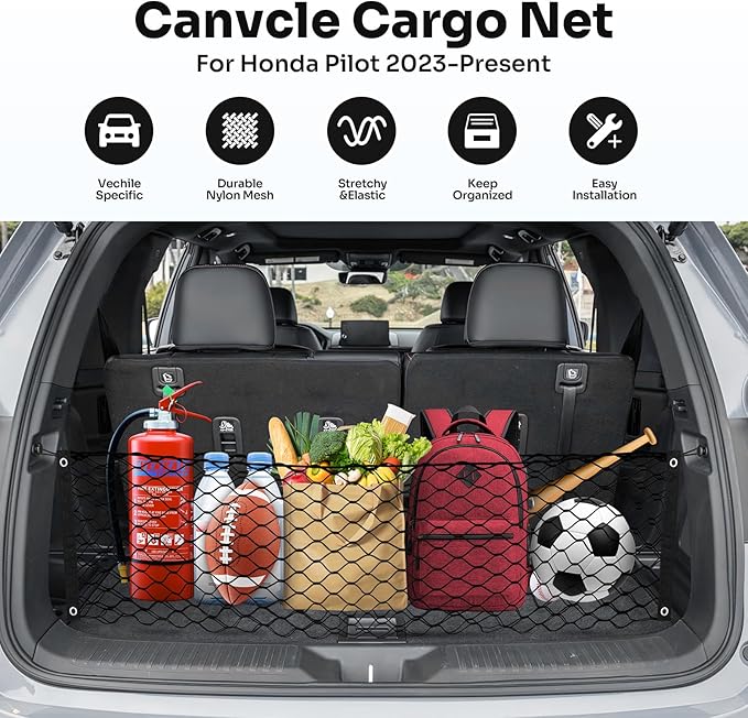 Canvcle Trunk Cargo Net for 2023-2025 2026 Honda Pilot Accessories Envelope Style Mesh Trunk Net Organizer and Storage Stretchable Adjustable Elastic Nylon Rear Cargo Netting with Hooks