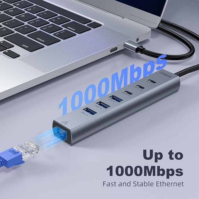 intpw USB C Hub with Ethernet, 8-Port USB Hub 3.0 Multiport Hub with 3 USB-C &3 USB-A Port 5Gbps,USB Splitter, Gigabit Ethernet, Aluminum USB Extender Hub Long Cable for MacBook, Desktop, Laptop, PC