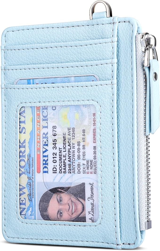 Teskyer Slim Card Holder Wallet with Zip Pocket, RFID Blocking, Total 9 Compartments Large Capacity, 3.5" x 4.7" (Slight Larger Than Usual), Faux Leather - Cyan