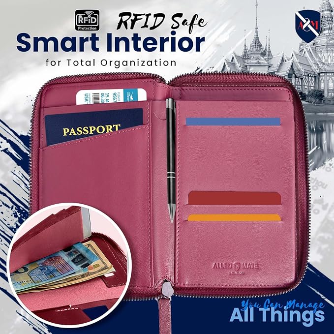 ALLEN & MATE 100% Leather Passport Holder for Travel RFID Blocking Passport Wallet for Men & Women - Zippered Compact Travel Document Organizer Fits Passport, Cash, Cards, SIM, ID and Tickets