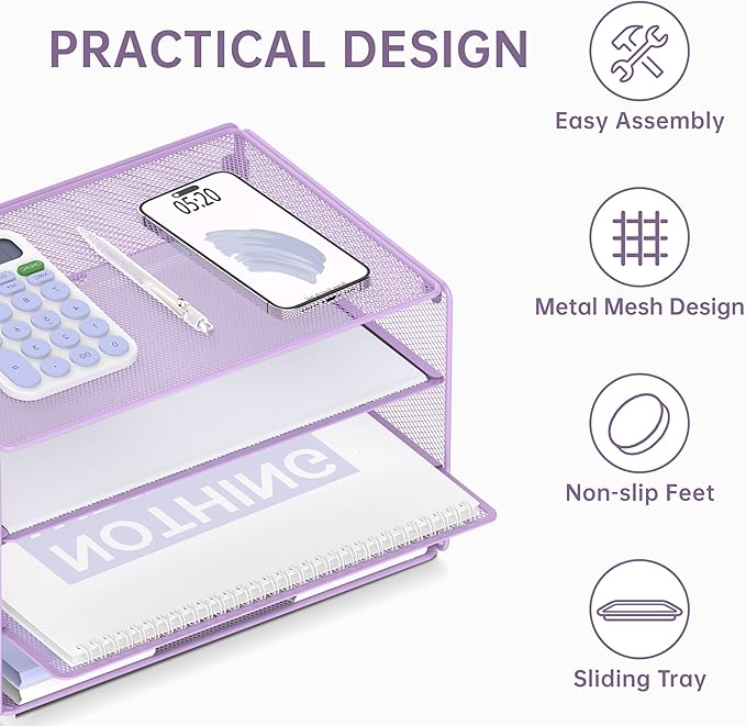 DALTACK 3 Tier Letter Tray Paper Organizer for Desk, Mesh Metal Desk File Organizer with Sliding Trays for Letter/A4 Paper, Mail, Bills & Folders, Light Purple