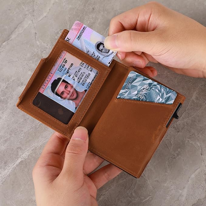 Minimalist Pop Up Wallet for Men | RFID Blocking Credit Card Holder Wallet with Money Clip | Mens Wallet Slim Bifold Front Pocket Metal Case with Gift Box (Genuine Full Grain Soft Leather)