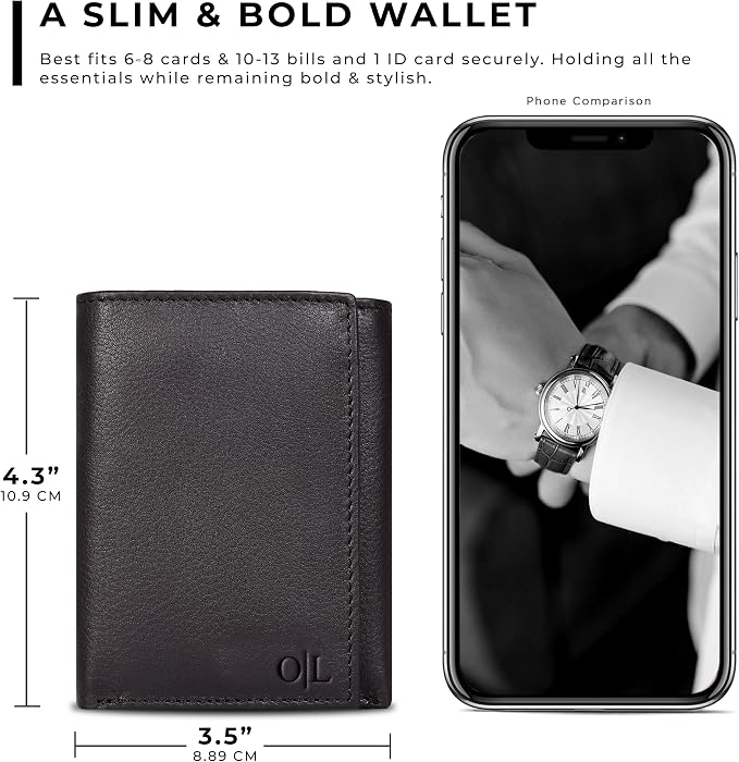 Tri fold Leather Wallet for Men with RFID | Slim Wallets for Men with 1 ID and 6 Credit card slots | Front Pocket Minimalist