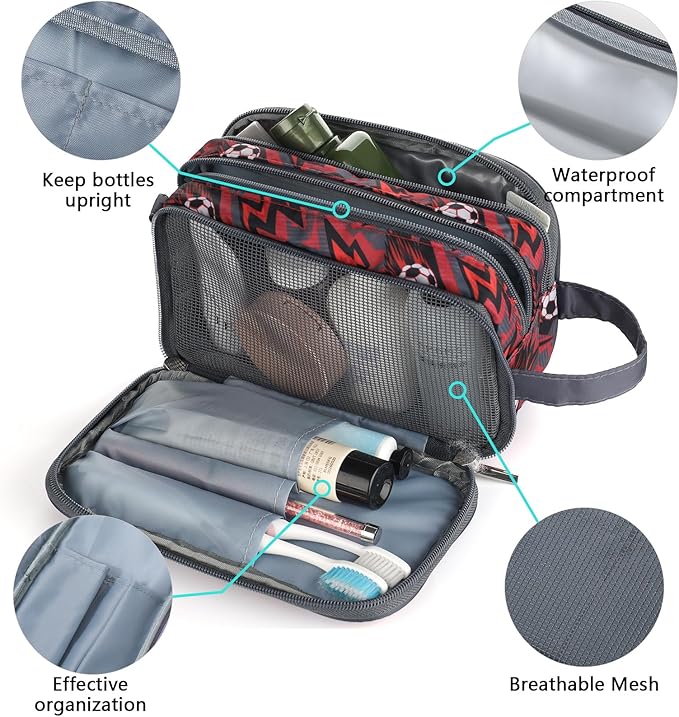 Kids Toiletry Bag for Boys, Travel Toiletry Bag for Little Young Boys Waterproof Hanging Wash Bag Toddler Traveling Toiletries, Red Soccer Balls