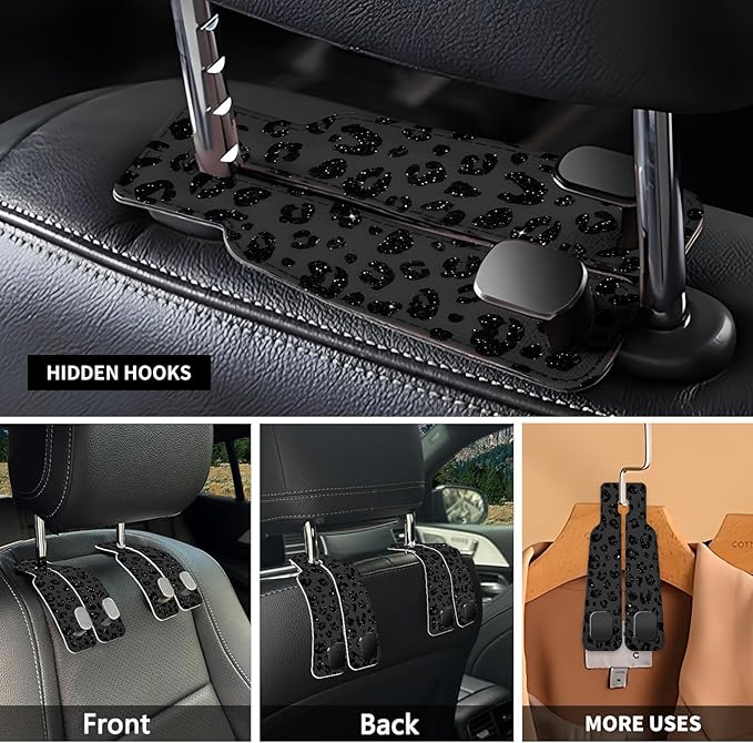 Car Seat Headrest Hook, Universal Leather Cute Hanger Holder Hook, Storage Organizer Interior Accessories for Purse Bags Handbag Luxury Black Leopard