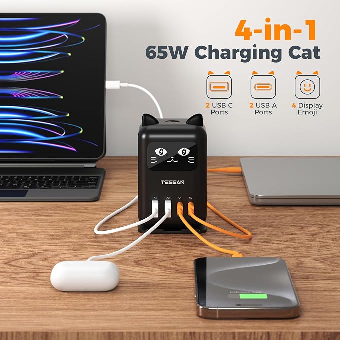 USB C Charger Block PD 65W, TESSAN Charging Station for Multiple Devices, Desktop Tower Charger with 4 USB Ports for iPhone 17/16/15, MacBook, Tablet, Office Home Dormroom, Black