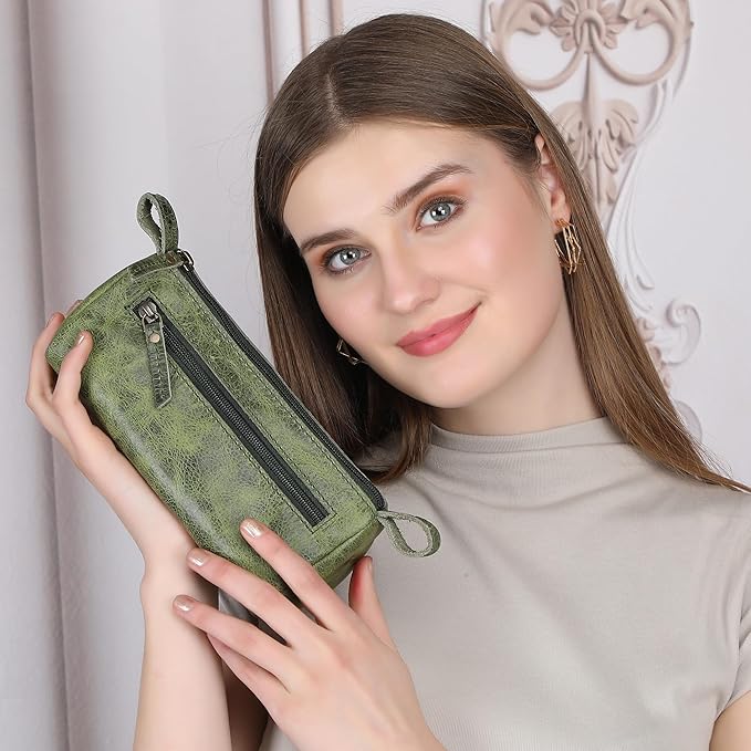 Leather Makeup Bag for Women – Genuine Leather Cosmetic Bag Travel, Handmade Zippered Makeup Pouch, Small Toiletry Bag, Shaving Kit & Stationery Organizer- Forest Green