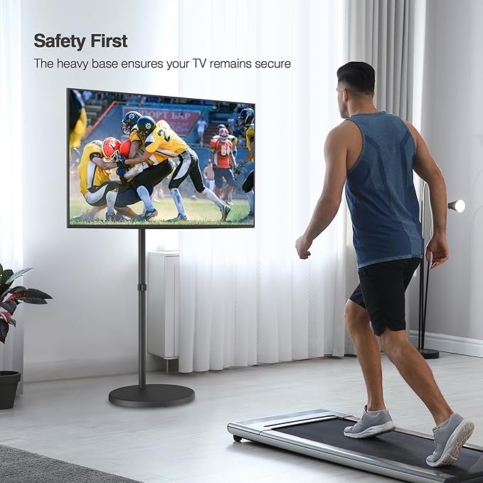 AVLT Single 17 to 43 Inch Portable Monitor Arm TV Rolling Stand with Heavy Base for Screens Up to 22 lbs, Mechanical Spring Height Adjustment, Screen Rotation, Mobile Low Profile Caster Wheel, Black
