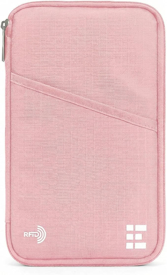 Zero Grid RFID Family Passport Holder for up to 6 Passports, Large Zippered Wallet for Men & Women, Fits Cards, Cash, ID, Sim Card; Premium & Compact Travel Document Holder - Rose Pink