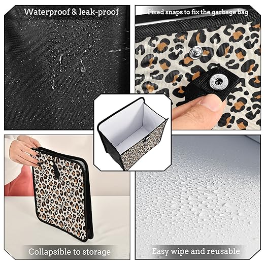 Leopard Car Trash Can Animal Cheetah Print Foldable Hanging Car Trash Bag Bin Auto Garbage Can Leak-Proof Car Organizer(Large)