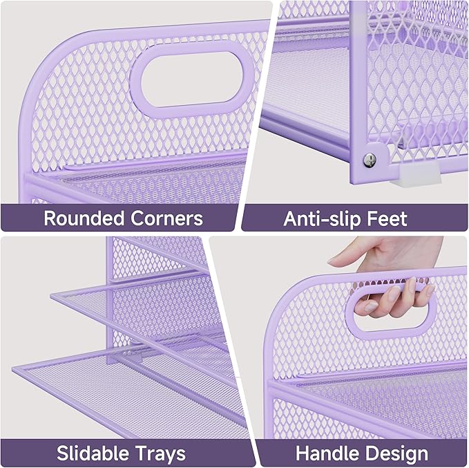 5-Tier Stackable Paper Organizer with Handle, Purple Metal Mesh Letter Tray | Elegant Desk File Sorter for Office, Home & Classroom Organization