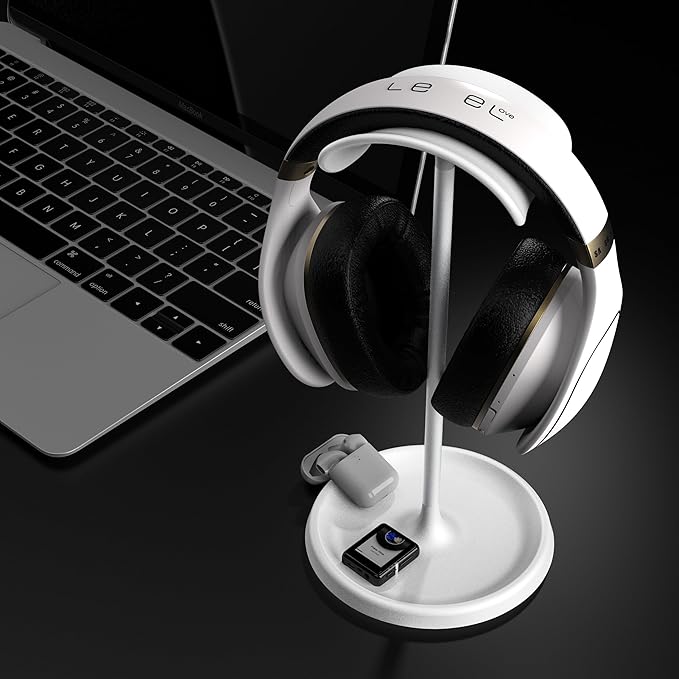 Headphone Stand, Desktop Headset Holder with Headphone Cable Storage Clip, Heavy Duty Gaming Earphone Stand with Base Curved Storage for AirPods Max, Beats, Bose,Sony and More（White）