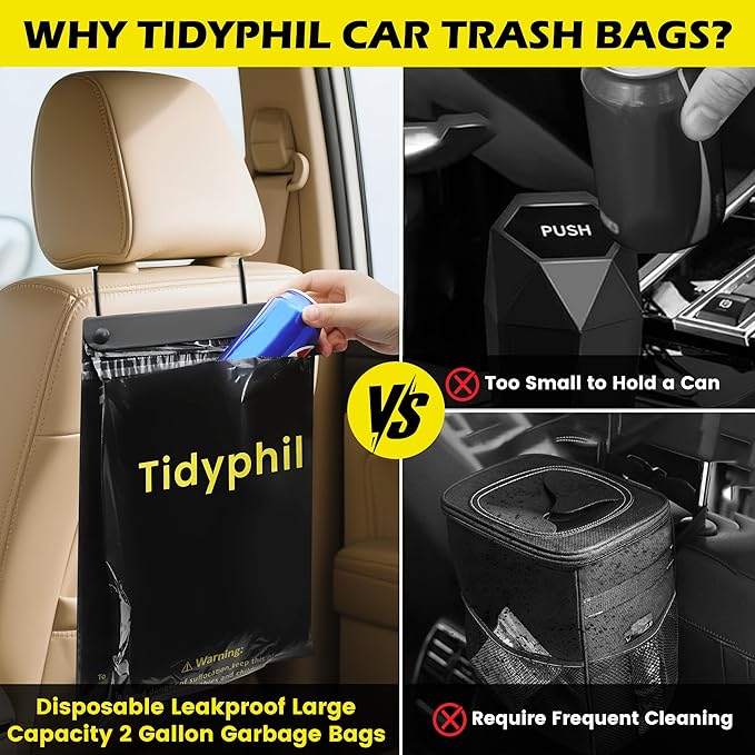 50 PCS Disposable Car Trash Bags Hanging, Leak-proof, Odor Seal. 2 Gallon Car Garbage Bags, Big Capacity. Independent of Car Trash Can, Easy Stick-On Car trash Bin for Car, SUV, Truck, Stroller. Black