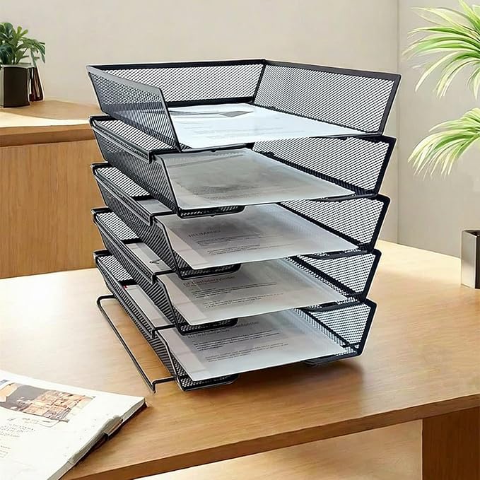5-Tier Letter Tray Desk Organizer,Metal Stackable File Trays,Black | Shelves for Letter Size or A4 Paper Storage Organizer,Metal Mesh File Basket for Ofice Desk