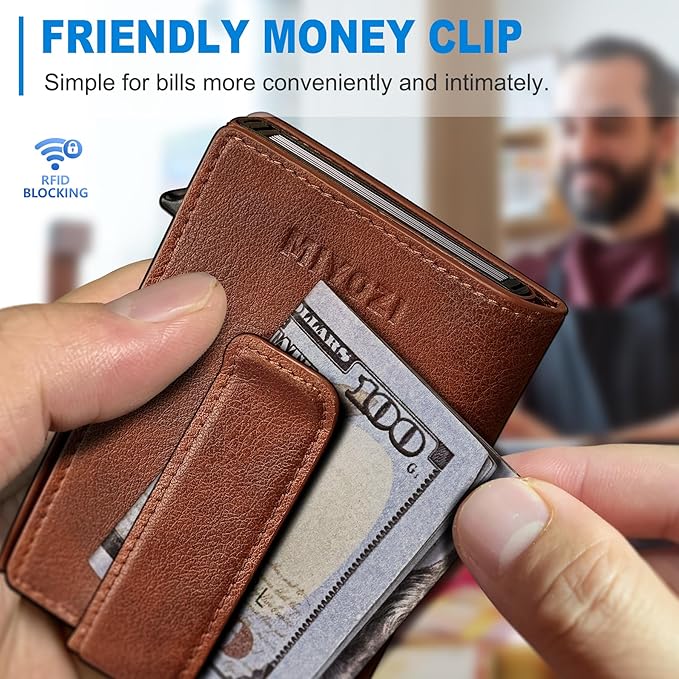 miyozi Men Wallet,with Money Clip Coins Pocket ID Window,Slim Front Pocket RFID Blocking Pop-up Card Holder 3.9"x 2.7", Gift Boxed