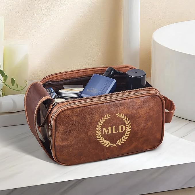 Personalized Leather Toiletry Bag for Men, Large Capacity Toiletry Travel Bag, PU Leather Waterproof Shaving Bag, Travel Essentials Customized Gifts for Husband, Groomsmen, Father's Day (Style 5)