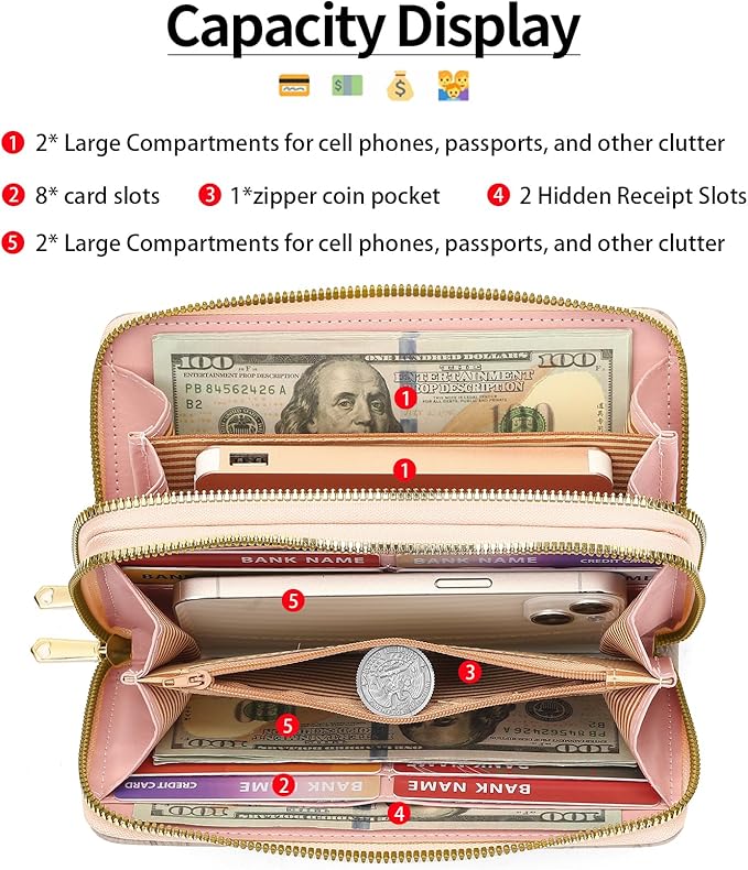 RNIEGA Wallet for Women Clutch Double Zip Around Credit Card Holder Leather Women's Wallet Large Capacity