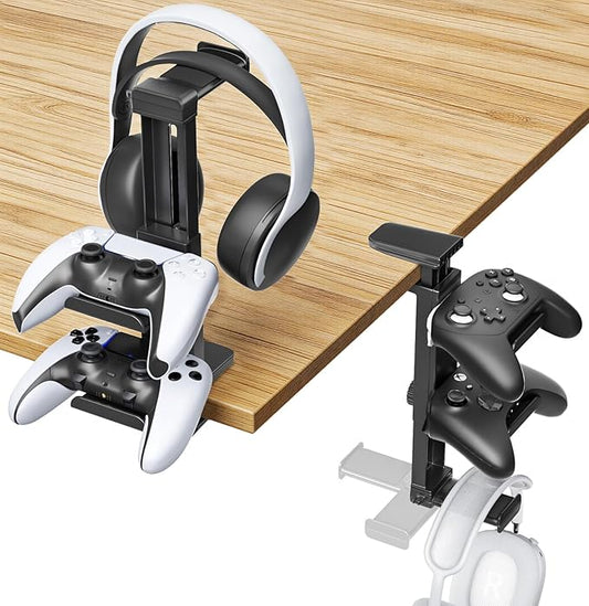 Headphone Stand & Under Desk Controller Holder with Adjustable Clamp, Controller Stand & Headset hanger for Desk Mount with 360° Rotating Hook & Cable Organizer 3-in-1 Game Organizer, 3 Hooks