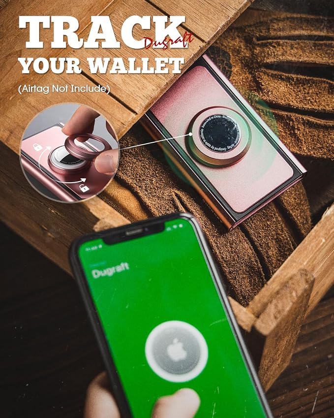 DUGRAFT Credit Card Holder Airtag Pop Up Wallet RFID Blocking Slim Metal Bank Card Case Holds 5-8 Cards, Rose Gold, Minimalist