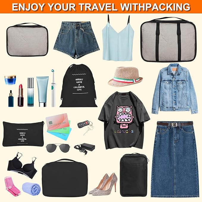 8 Set Packing Cubes for Suitcases, kingdalux Black Travel Luggage Packing Organizers with Laundry Bag, Compression Storage Shoe Bag, Clothing Underwear Bag, for Women & Man