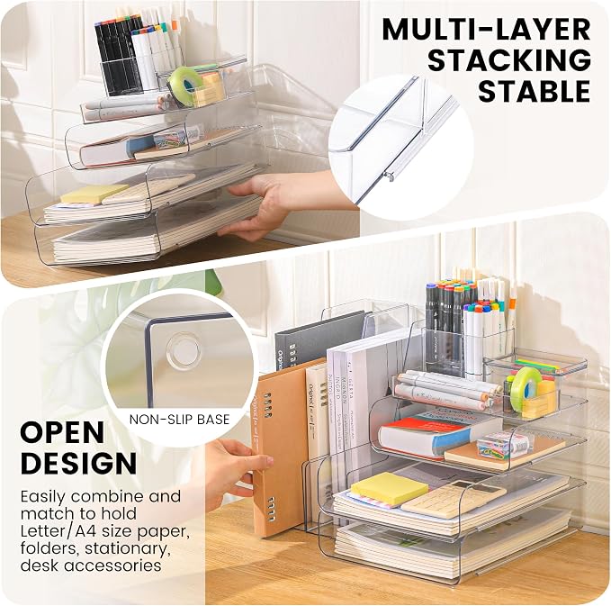 CiWiVOKi Desk Organizer with 2 Vertical File Holder, 4 Tier Stackable Paper Letter Tray File Organizer with 5-Compartments Pen Holder, Clear Desktop Organizer Office Organization and Storage