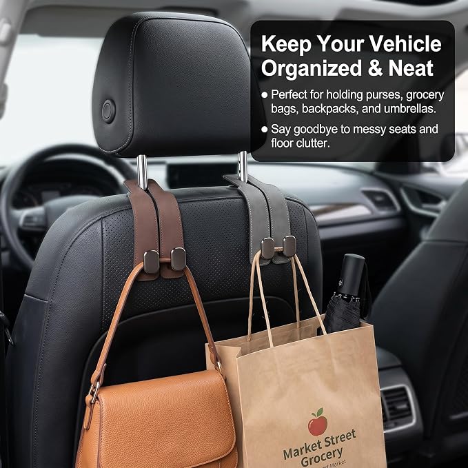 Car Headrest Hooks 2-Pack - Heavy-Duty Car Organizer Hooks for Purses and Grocery Bags,Premium Suede Seat Back Double Hooks,360° Flexible Hooks for Daily Commute and Road Trips (Suede Black)