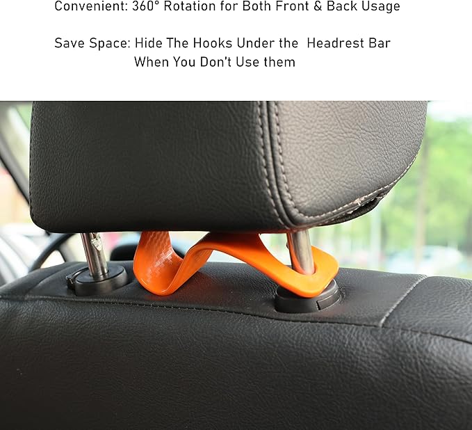 Car Seat Headrest Hook Universal Vehicle Seat Hook Hangers Interior Storage Organizer for Purse Handbag Coats Umbrellas Grocery Bags 4 Pack Orange