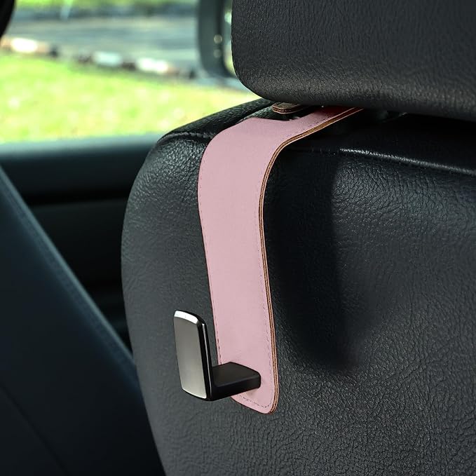 Amooca Car Seat Back Hook Universal Auto Storage Hanger Suede with Metal Car Seat Organizer for Handbag Purse Coat Umbrellas Grocery Bags 2 Pack Pink