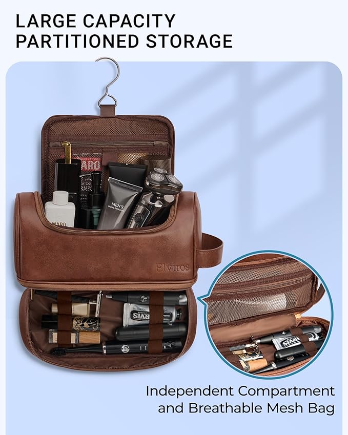 Elviros Toiletry Bag for Mens PU Leather Travel Organizer Kit with Hanging hook, Large Water-resistant Toiletries Bathroom Shaving Bags (Extra Large, Dark Brown)