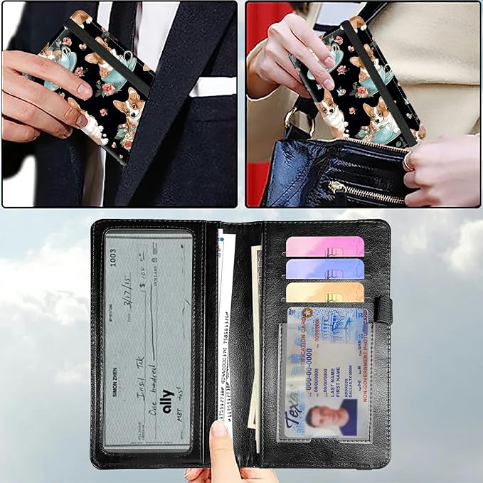 Checkbook Cover for Women & Men, RFID Blocking Personal PU Leather Checkbook Check Book Holder Wallet with Elastic Tape & Credit Card Slot,Dog and Flowers